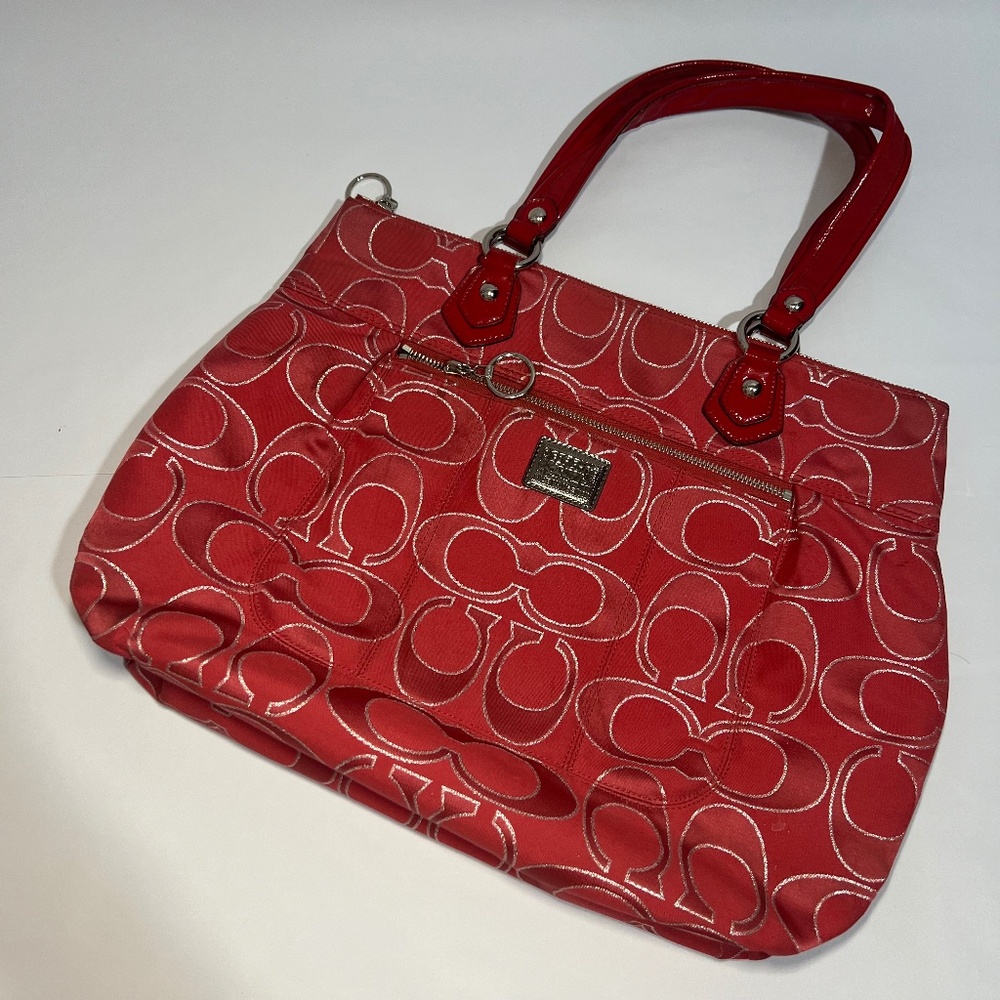 Coach Red Signature Logo Tote with Patent Handles